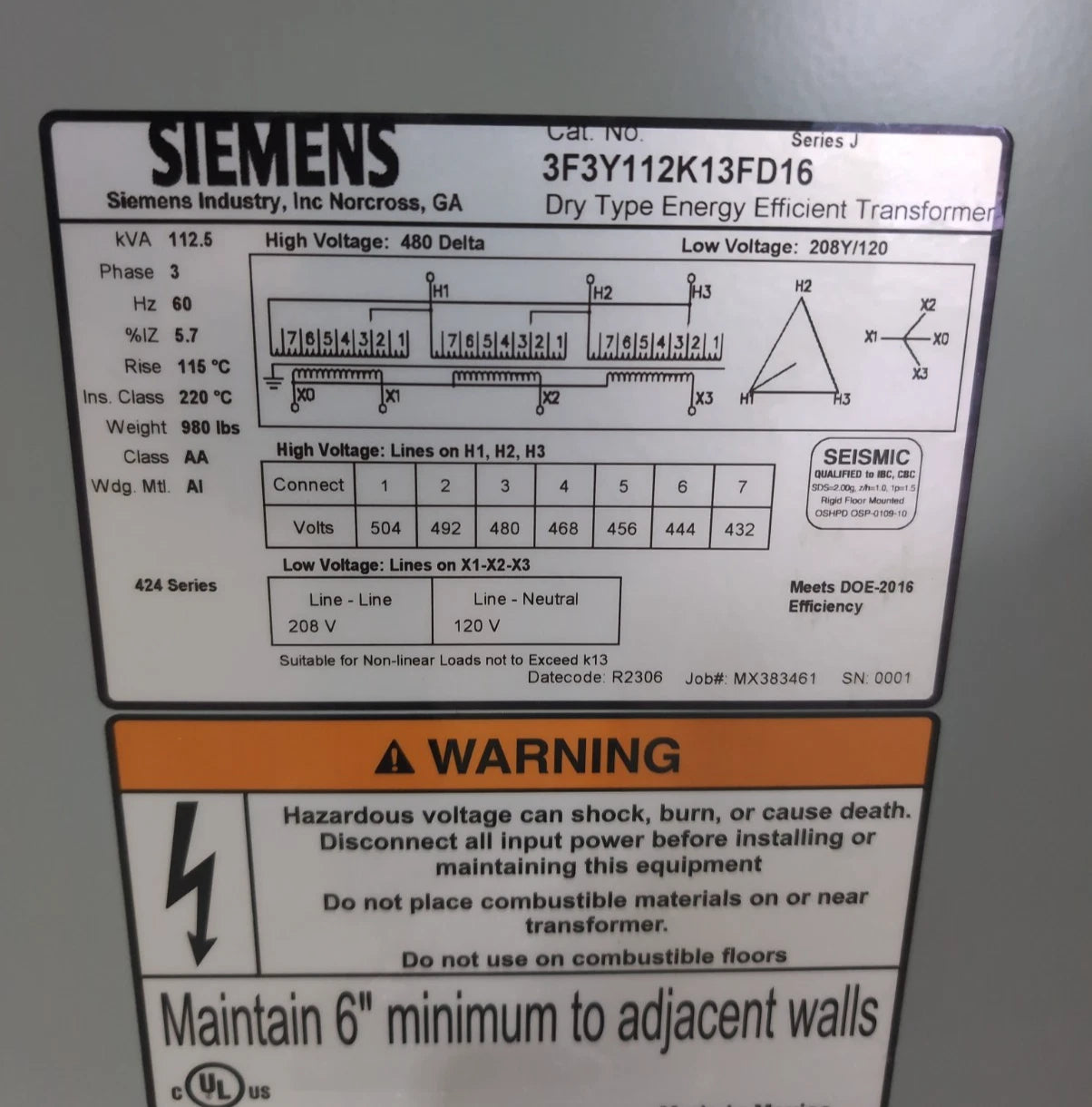 112.5KVA Siemens 3F3Y112K13FD16 Transformer Pri 480V Sec 208/120V 3PH 3R Encl New