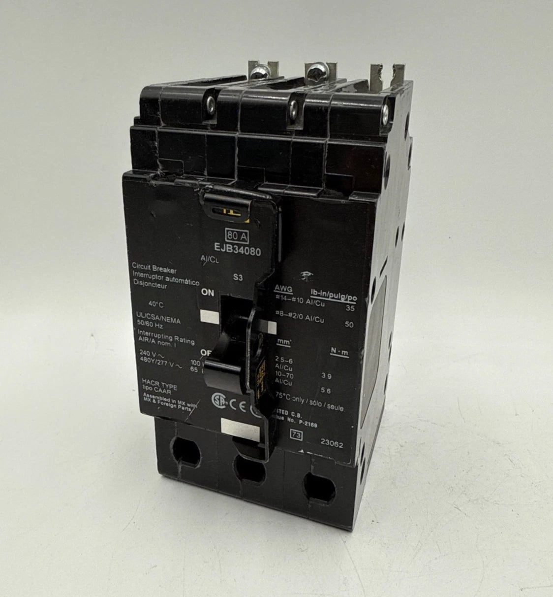 Square D EJB34080 Circuit Breaker 80A 3P 480/277V EJB Bolt On 80 Amp 3 Pole Used
