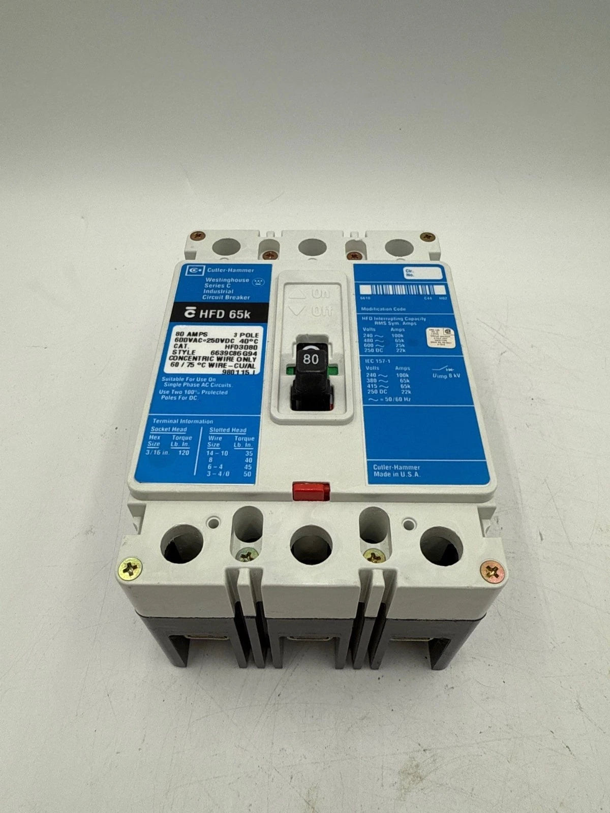 Cutler Hammer HFD3080 Circuit Breaker 80A 3P 600V 3PH HFD 65k 80 Amp 3 Pole Used