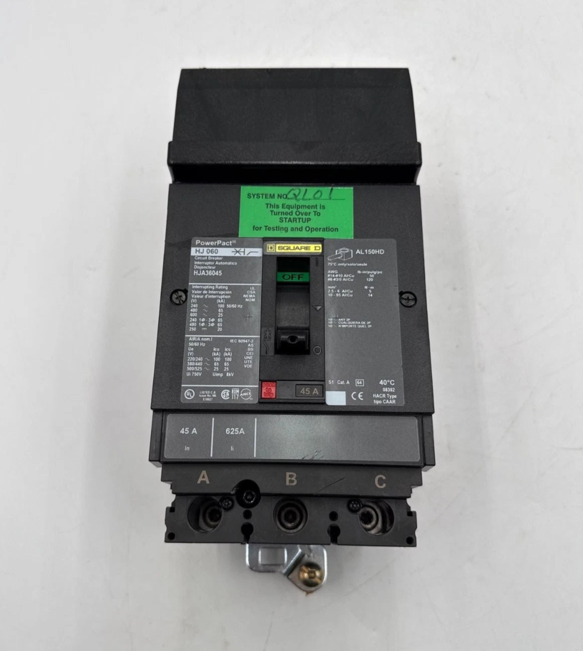 Square D HJA36045 I-Line Circuit Breaker 45A 3P 600V 3PH HJA 45 Amp 3 Pole Used