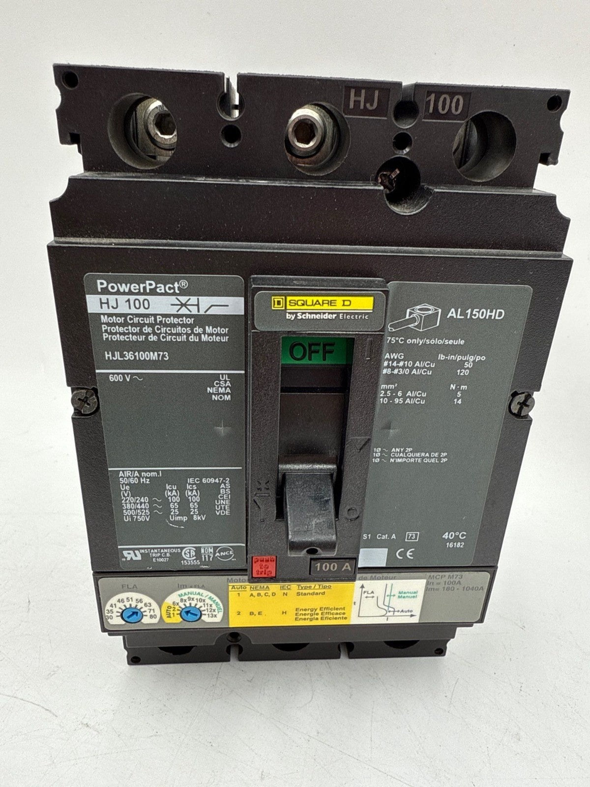 Square D HJL36100M73 Circuit Breaker 100A 3P 600V 3PH HJL 100 Amp 3 Pole Used