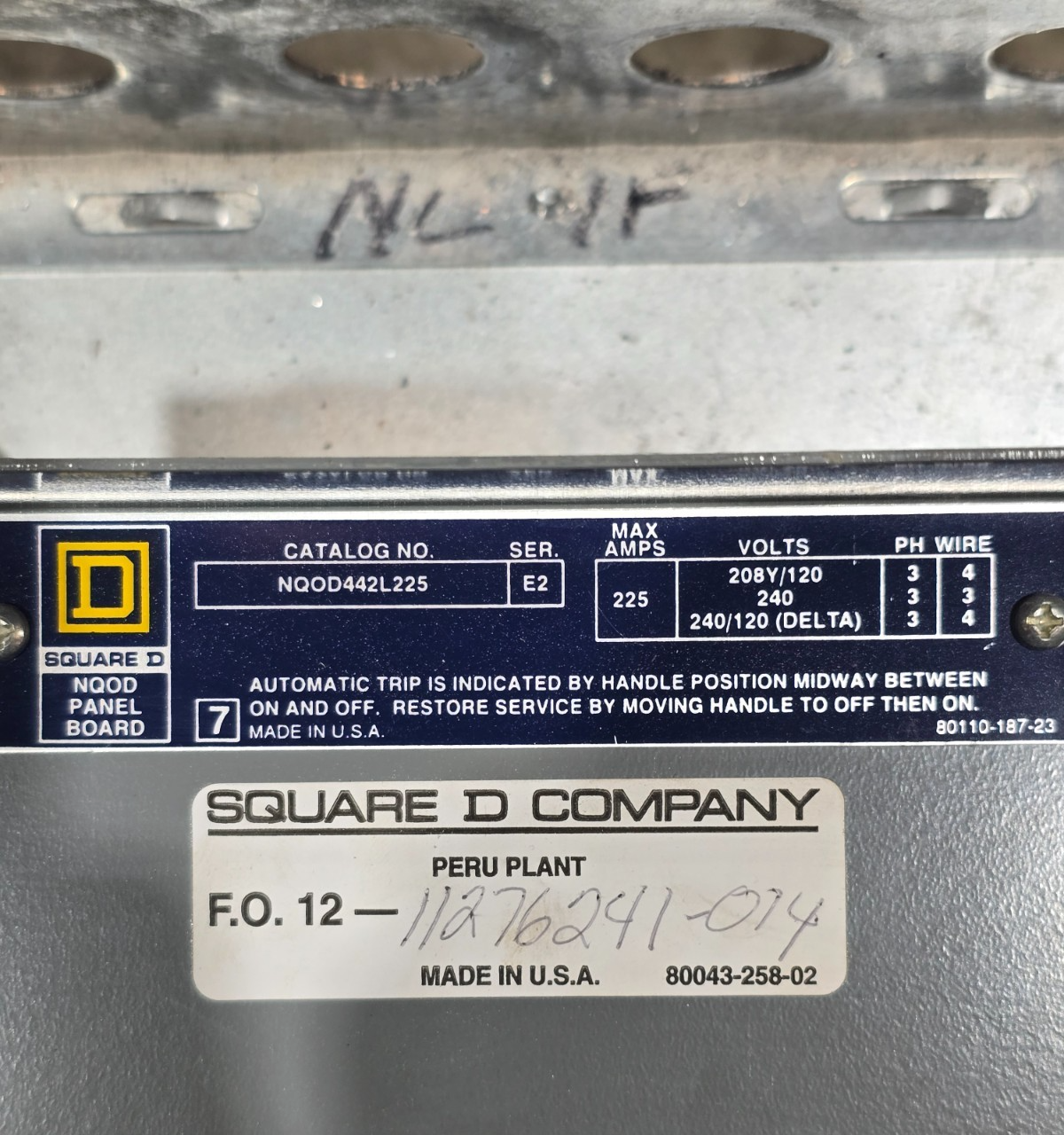 Square D NQOD Panelboard 225A 208/120V 3PH 4W MLO 225 Amp Panel Indoor 42 Cir Used
