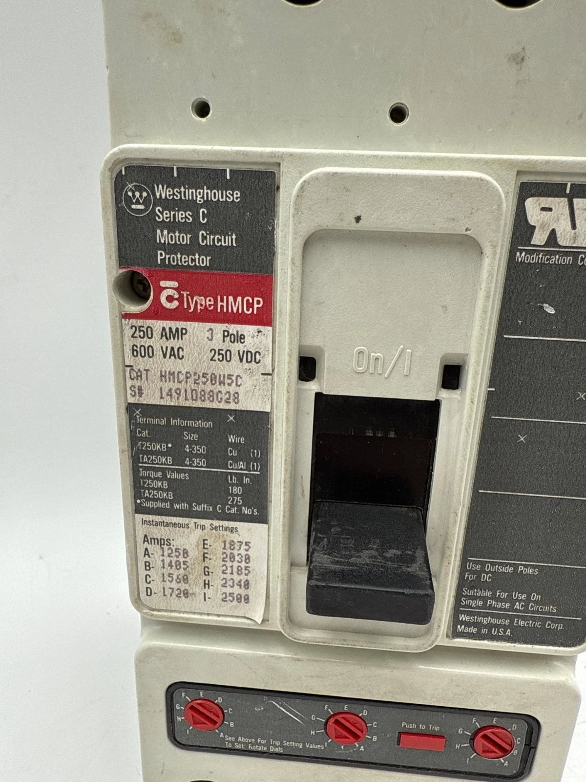Westinghouse HMCP250W5C Circuit Breaker 250A 3P 600V 3PH HMCP 250 Amp 3 Pole Used