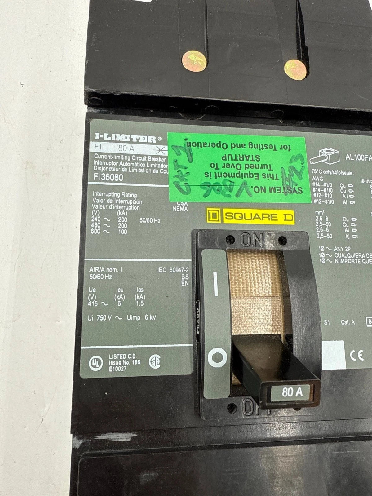 Square D FI36080 I-Line Circuit Breaker 80A 3P 600V 3PH FI 80 Amp 3 Pole Used Used