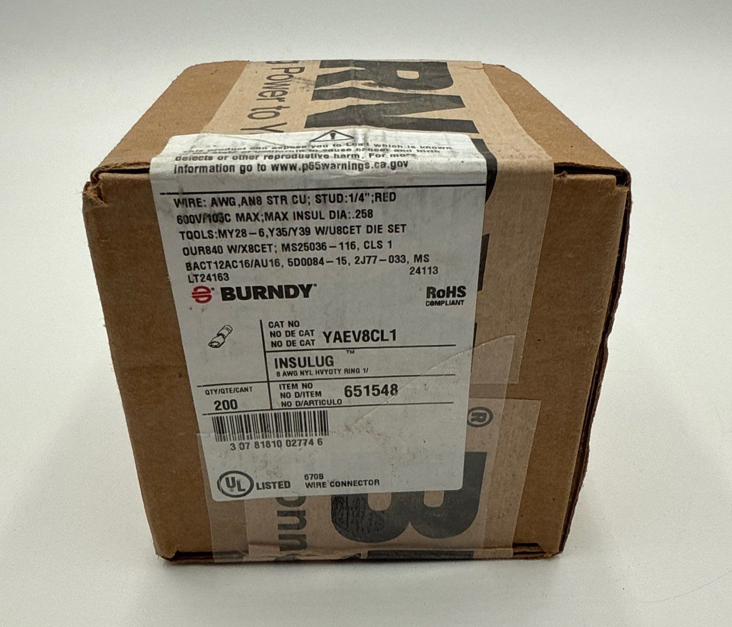Burndy YAEV8CL1 Terminal Ring INSULUG 8AWG Heavy Duty Nylon 10 1/4 Stud New