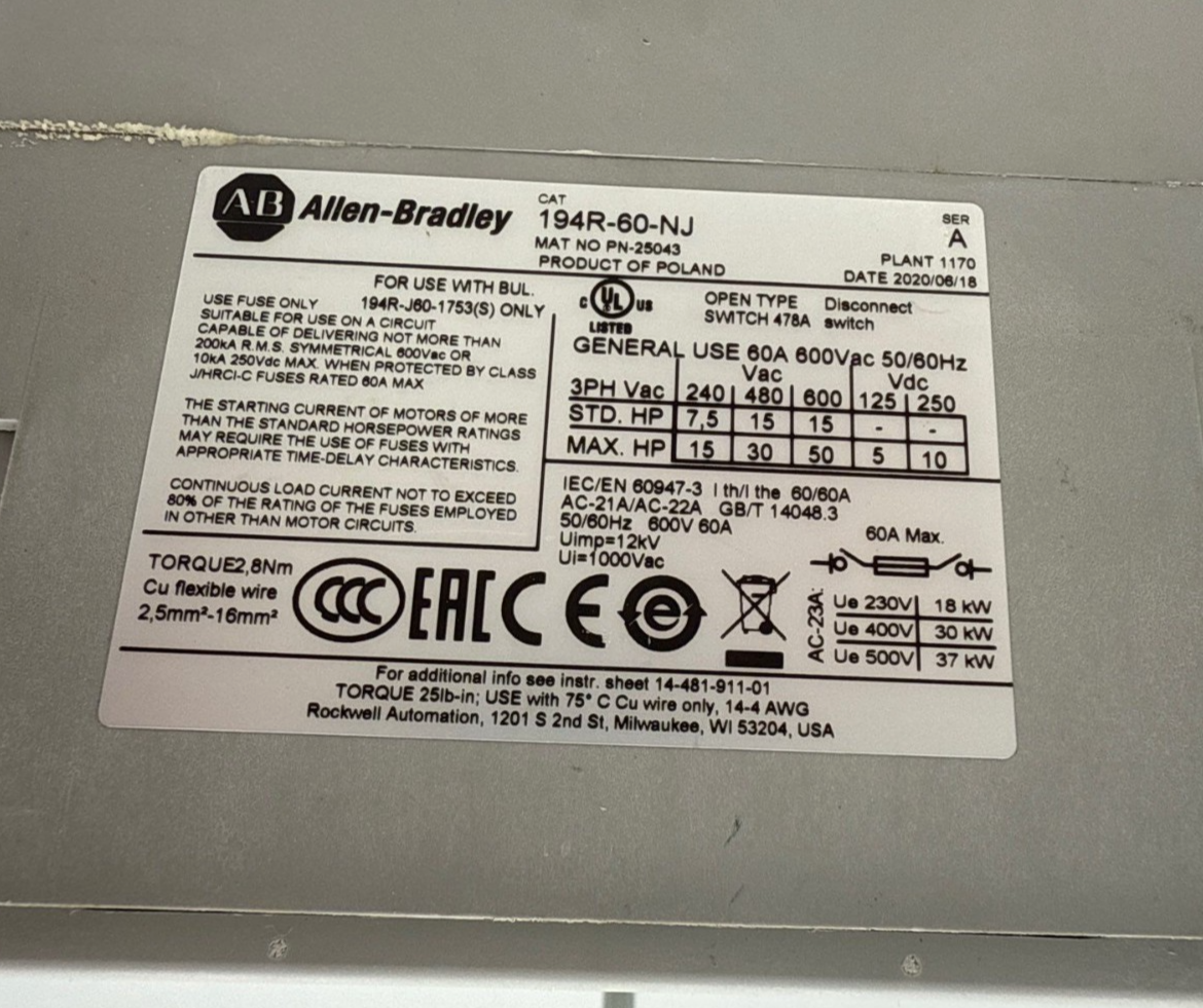 Allen Bradley 194R-J60-1753 Fusible Disconnect Switch 60A 3P 600V DIN 60 Amp Used