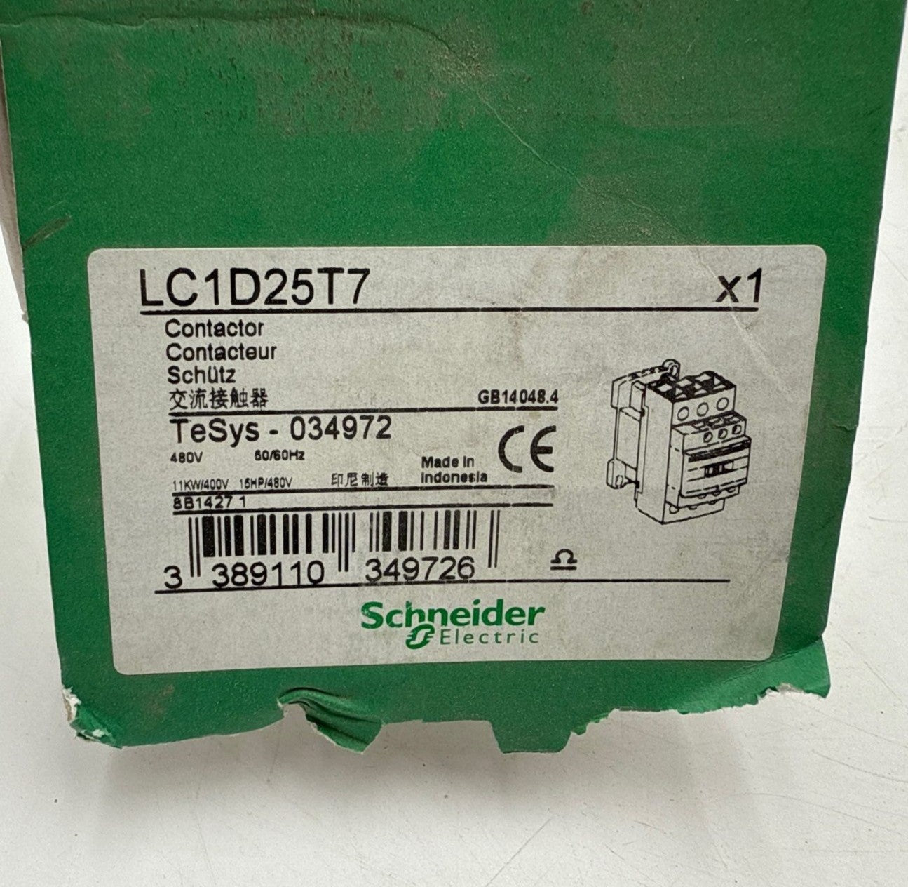 Schneider LC1D25T7 Contactor 25A 3P Coil 480VAC Non-Reversing 15HP at 480V New