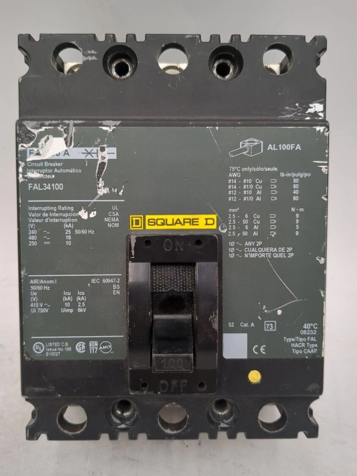 Square D FAL34100 Circuit Breaker 100A 3P 480V 3PH Lug to Lug 100 Amp Used Used