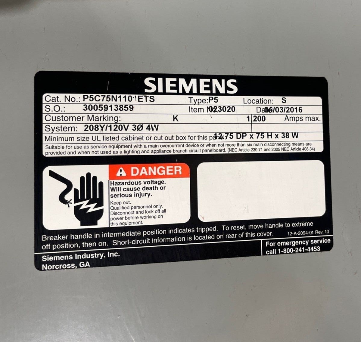 Siemens P5 Panelboard 1200A 208/120V 3PH 4W NNX3B100 1000 Amp MCB Panel Used