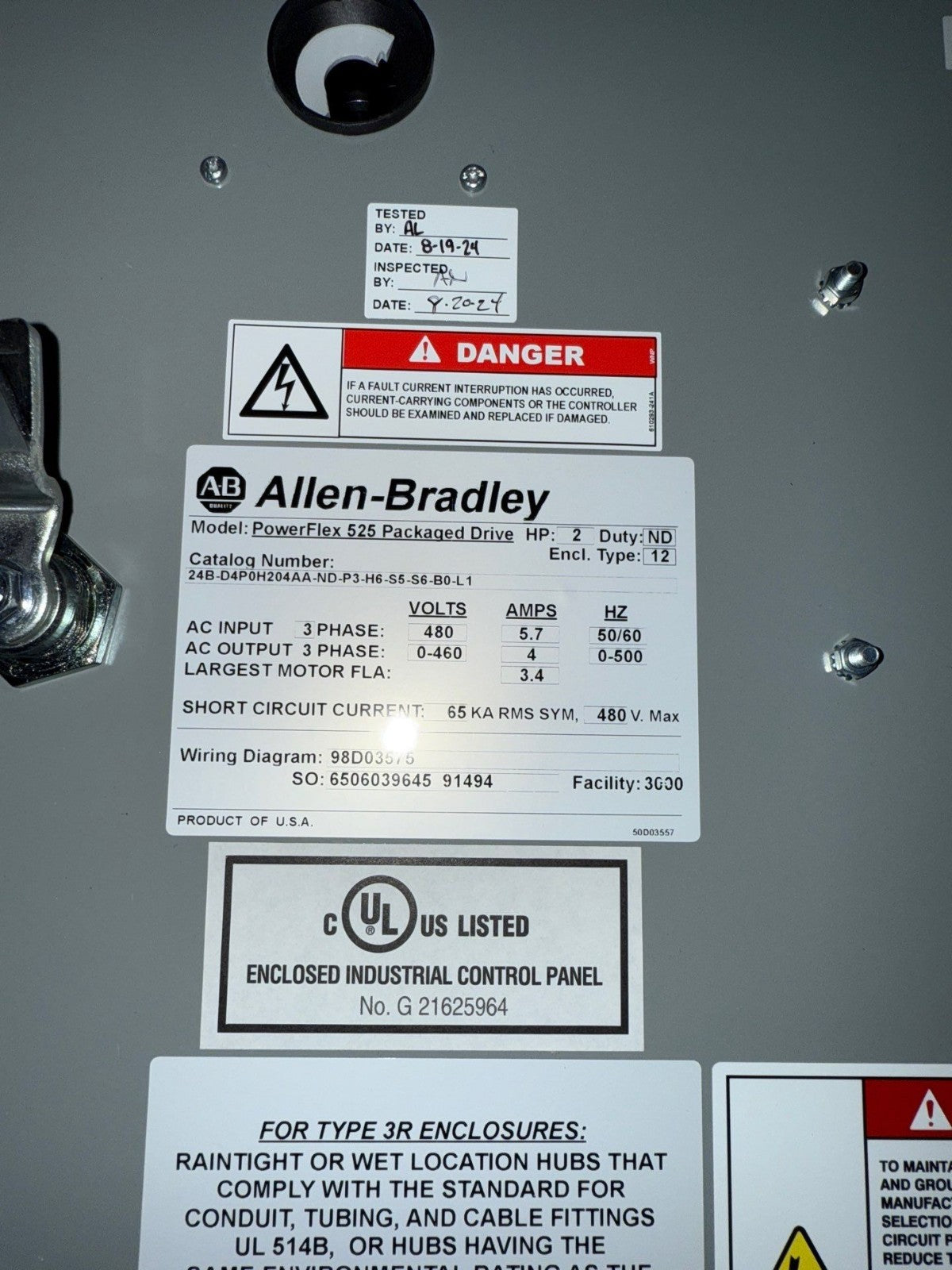 Allen Bradley PowerFlex 525 Packaged Variable Frequency Drive 2HP 3PH 480V VFD New