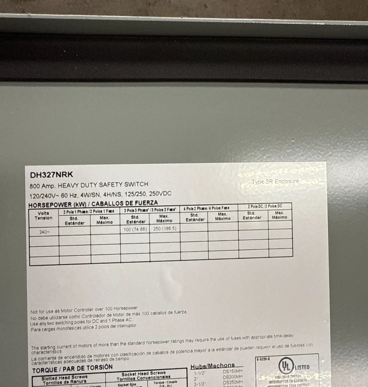 Eaton DH327NRK Safety Disconnect Switch 800A 3P 240V 3PH 3R Outdoor 800 Amp New