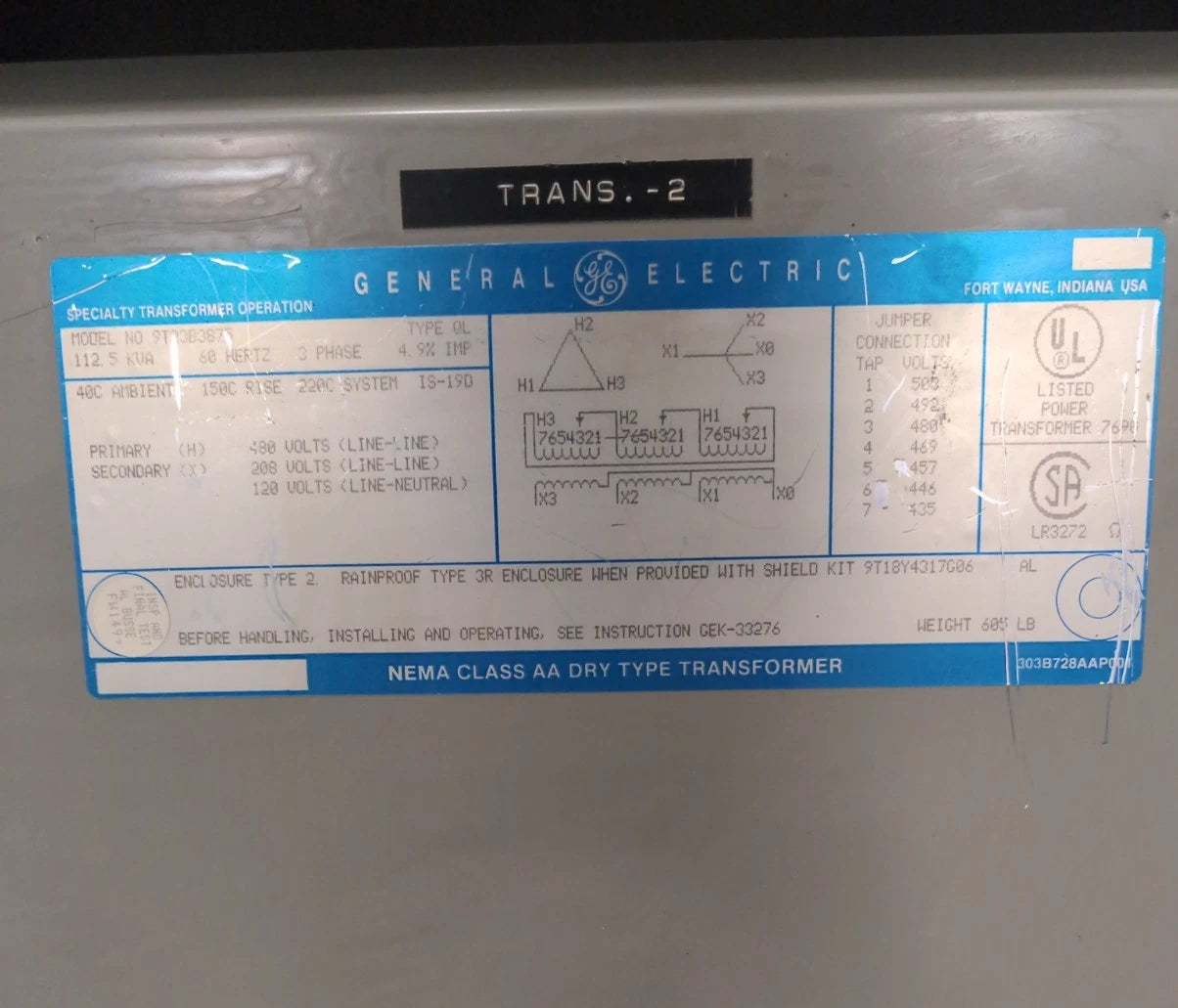112.5KVA GE Transformer 9T23B3875 Pri 480V Sec 208/120V 3PH Indoor Encl Type QL Used