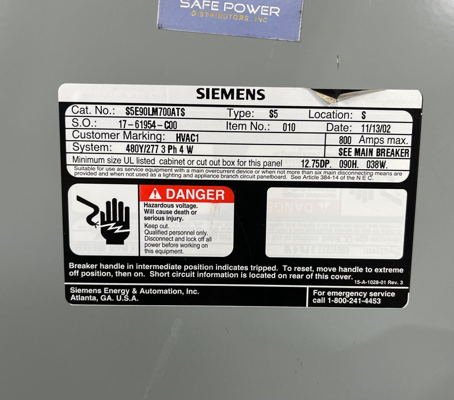 Siemens S5E90LM700ATS S5 Panelboard 800A 480/277V 3PH 4W MLO Indoor Encl B890 Box Used