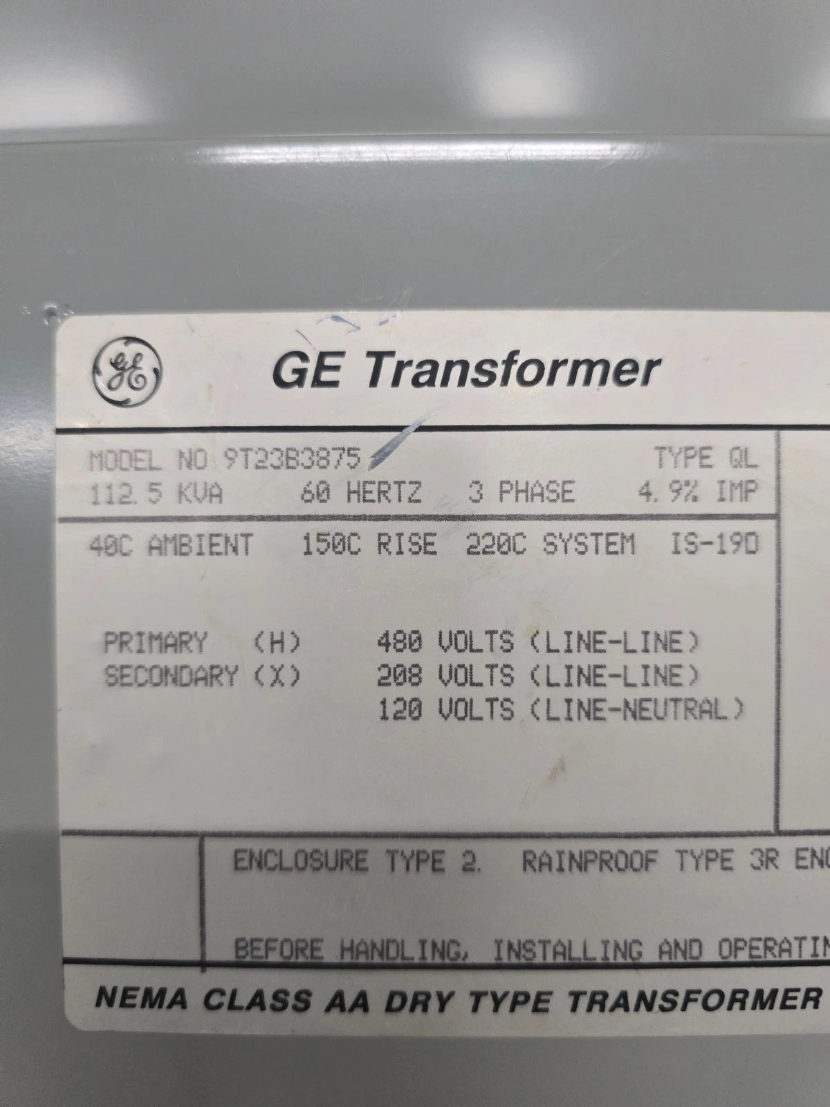 112.5KVA GE 9T23B3875 Transformer Pri 480V Sec 208/120V 3PH Indoor Encl Type QL Used