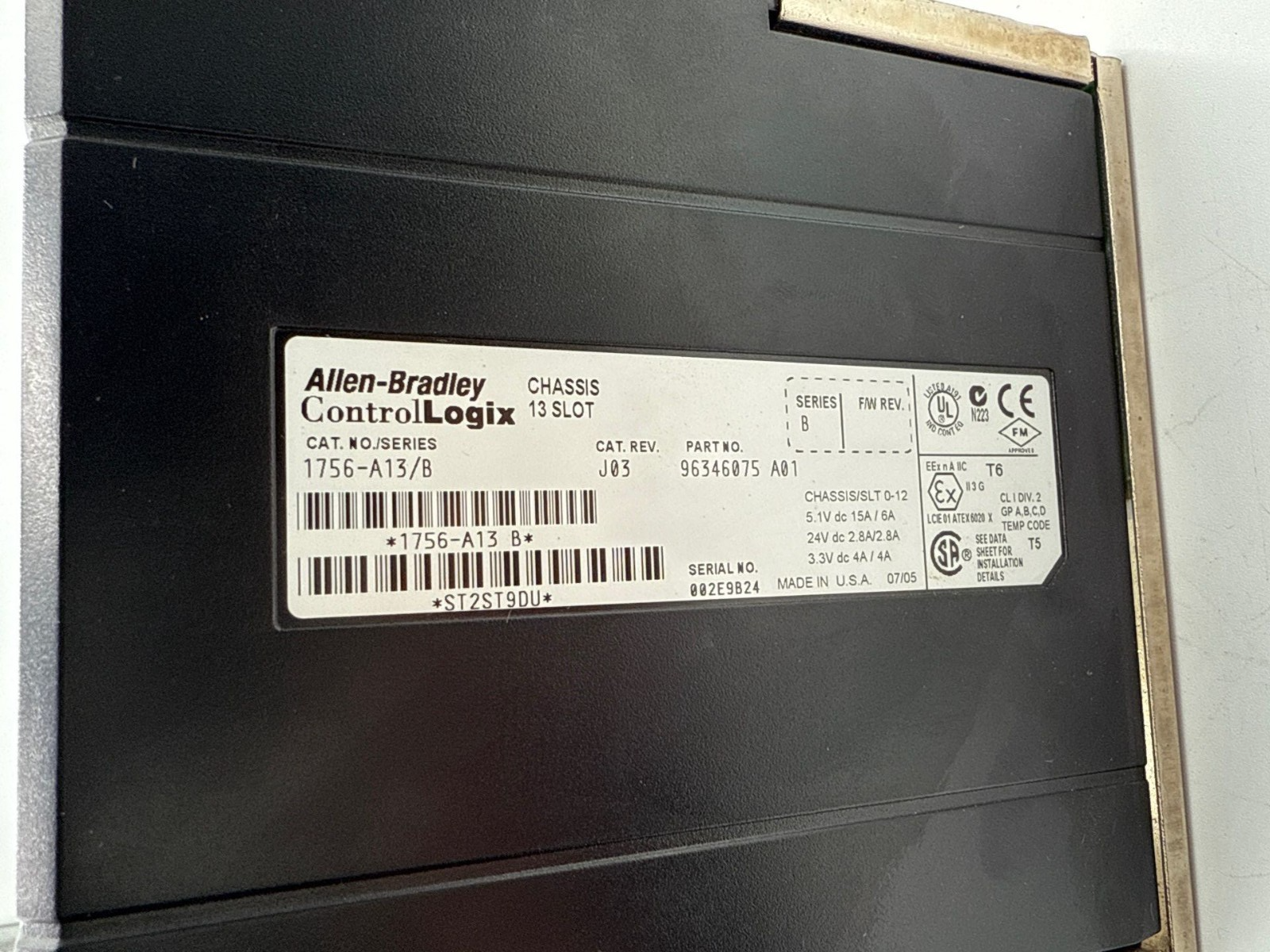 AB 1756-PA72 Ser C ControlLogix Power Supply with 1756-A13/B 13 Slot Chassis Used