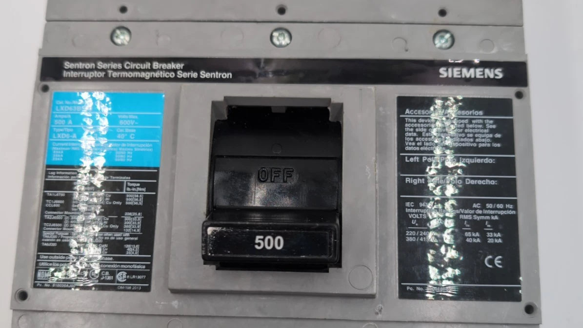 Siemens LXD63B500 Circuit Breaker 500A 3P 600V 3PH LXD6-A 500 Amp NEW TAKE OUT New