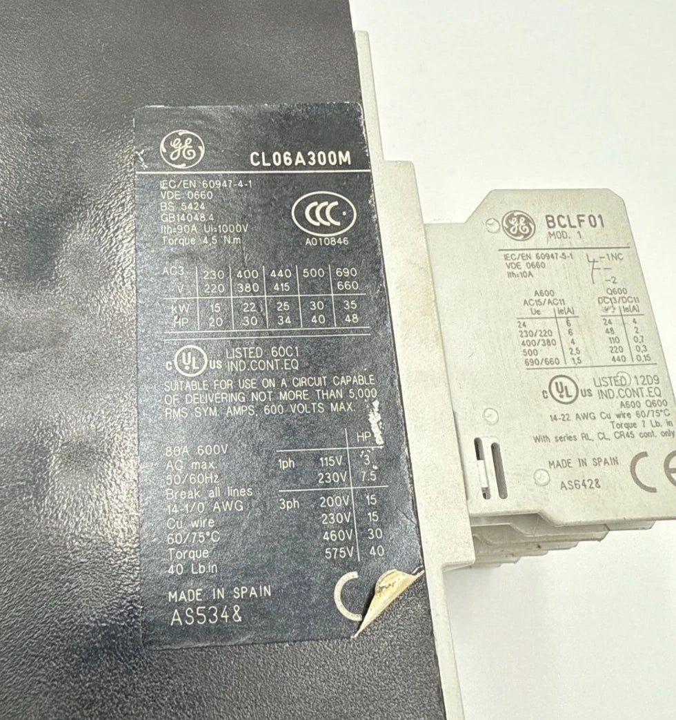 GE CL06A300M Contactor 80A 3P 600V 3PH 40HP Coil 110/120V Aux Contact BCLF01 Used
