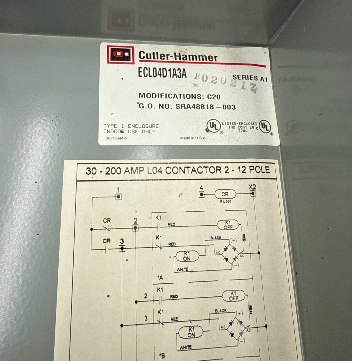 Cutler Hammer ECL04D1A3A Enclosed Lighting Contactor A202K2CAM 3P Coil 110/120V