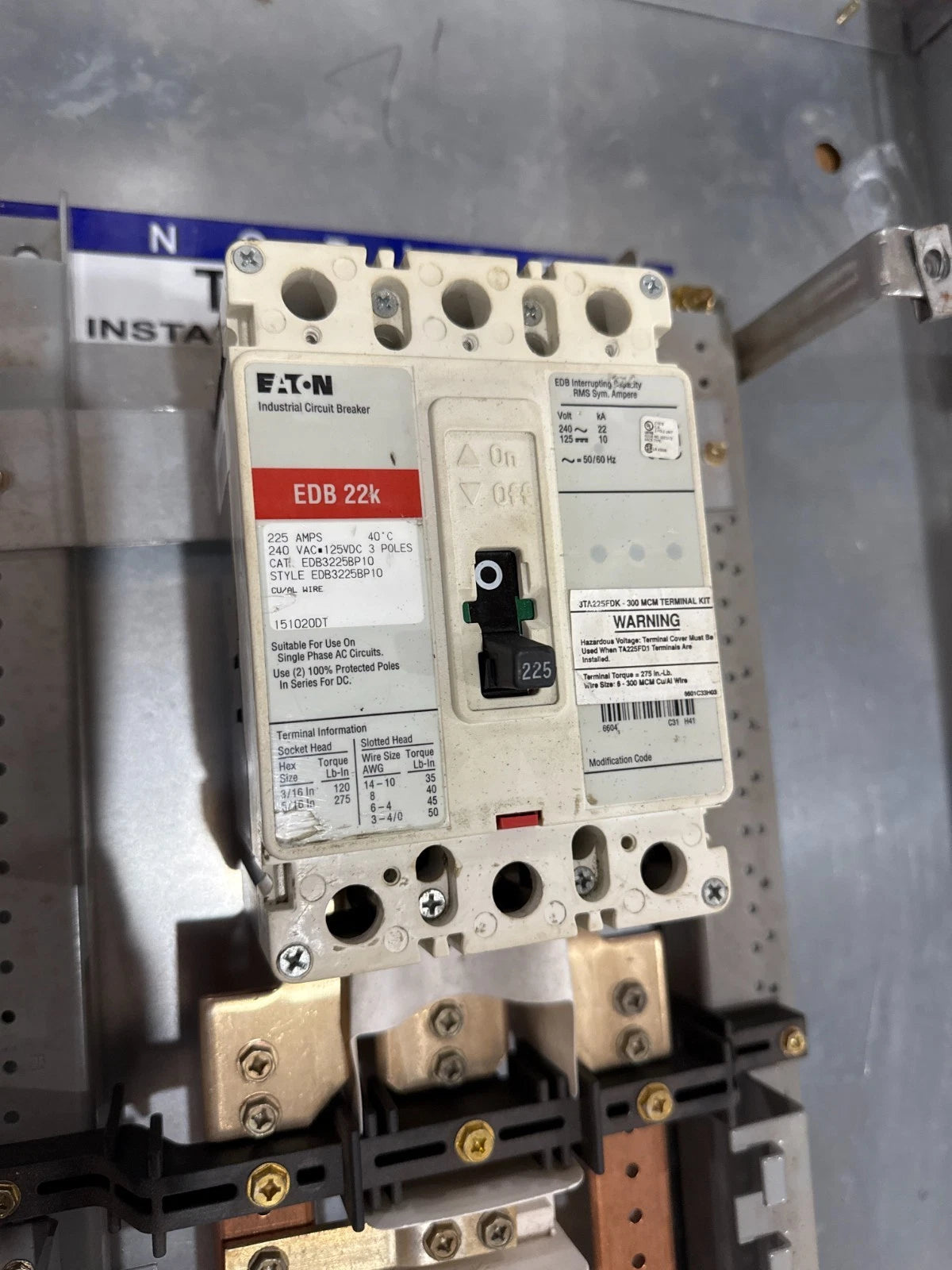 Eaton PRL1A Panelboard 225A 208/120V 3PH 4W MCB Panel 225 Amp 60Cir EDB3225BP10 Used