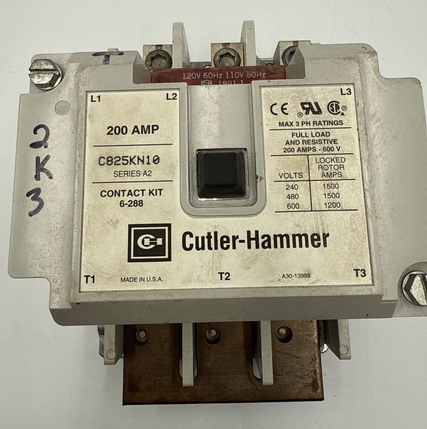 Cutler-Hammer C825KN10 Contactor 200A 3P 600V 3PH Ser A2 Coil 110/120V Used