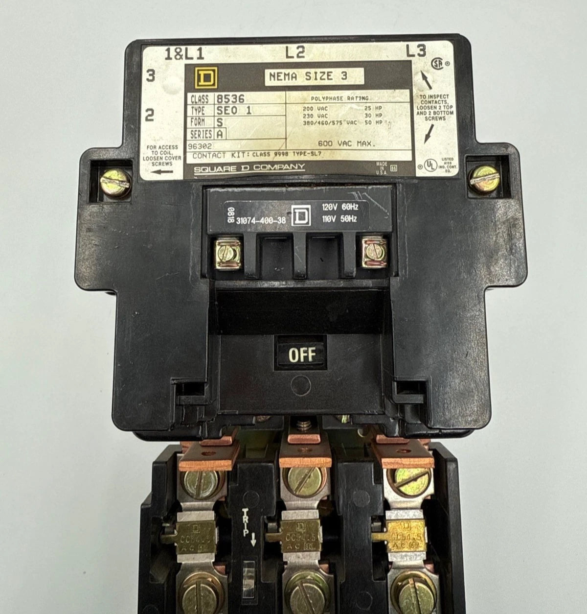 Square D 8536 SE01S Starter NEMA Size 3 Coil 110/120V 90A 3P 600V 3PH 50HP Used