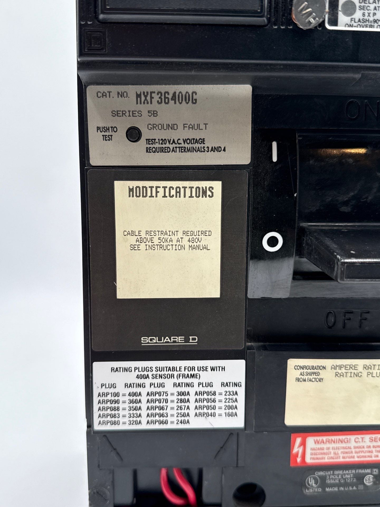 Square D MXF36400G Circuit Breaker 400A 3P 600V MXF 400 Amp Ground Fault LSIG Used