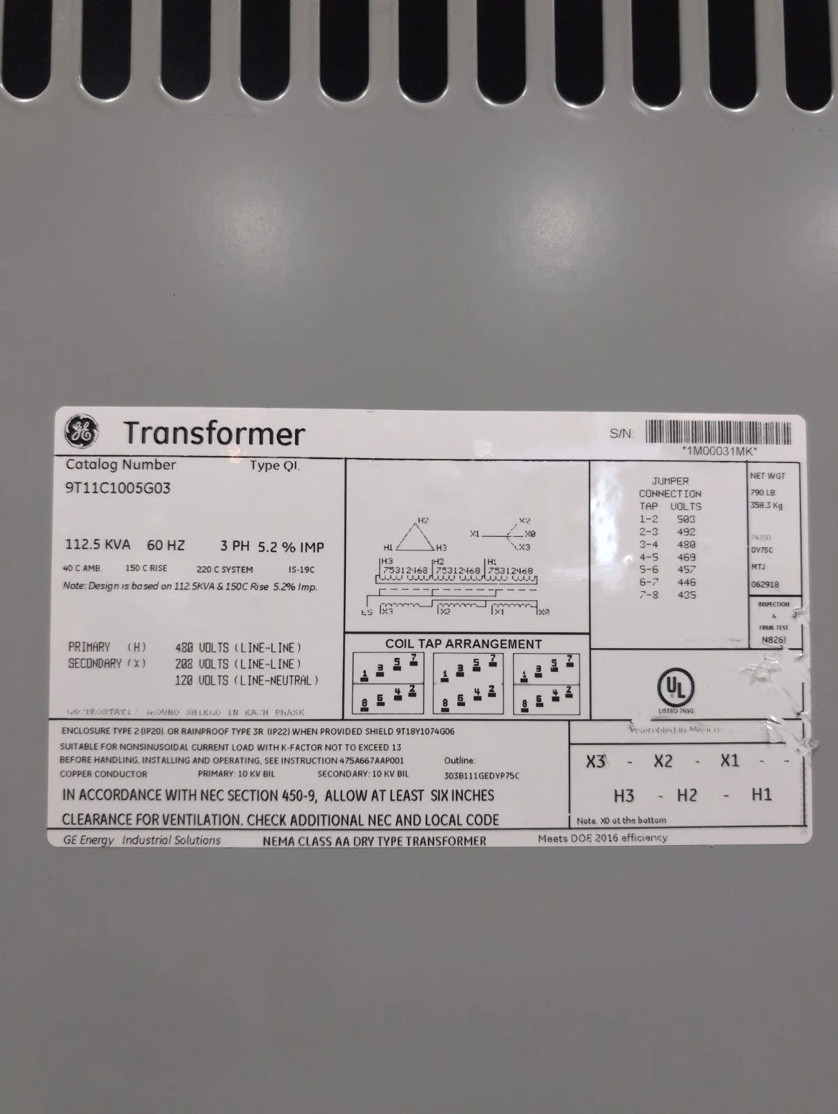 112.5kVA General Electric 9T11C1005G03 Transformer 480V 208V/120V 3PH TYPE 3R Used