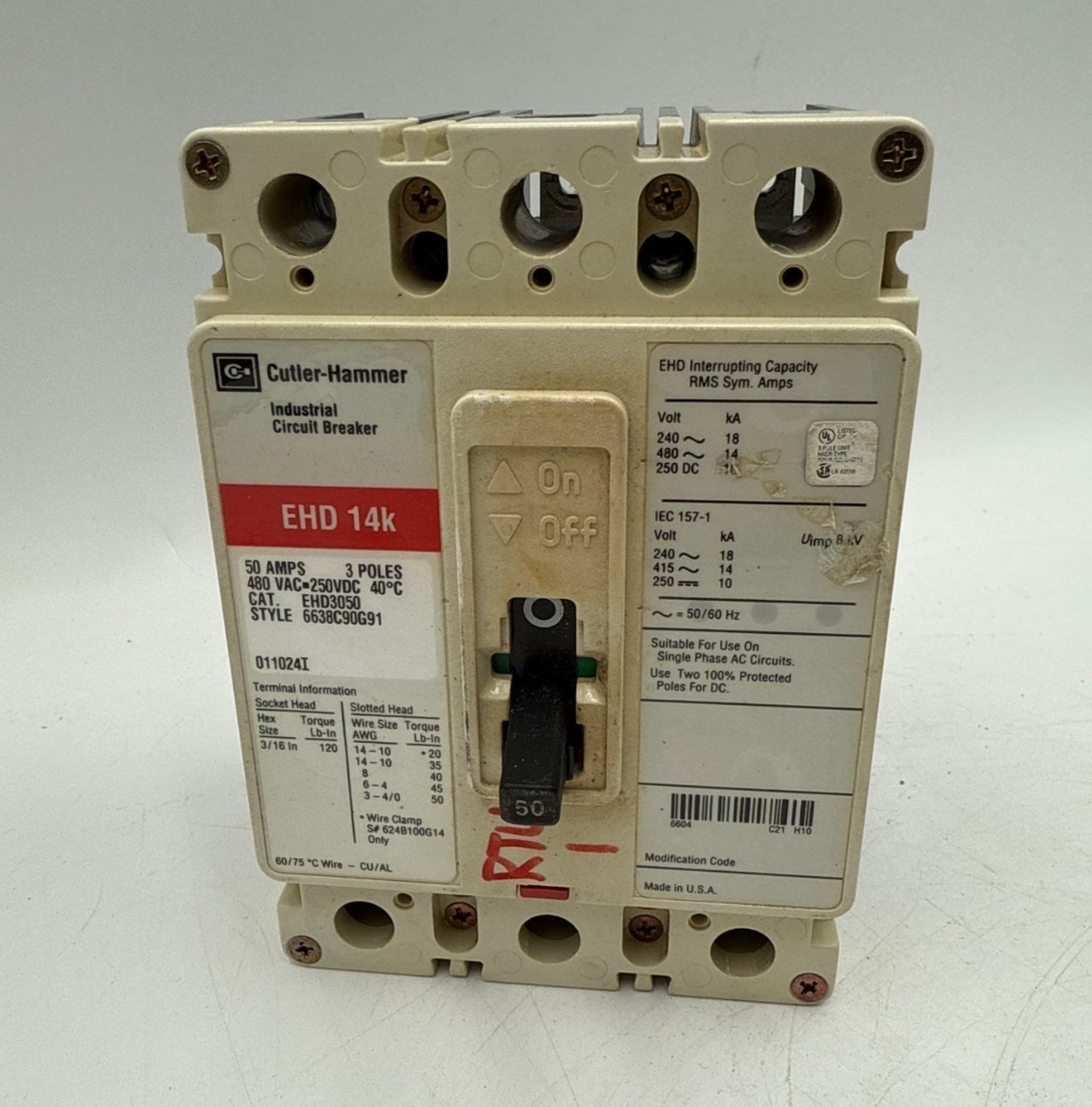 Cutler Hammer EHD3050 Circuit Breaker 50A 3P 480V 3PH EHD 14k 50 Amp 3 Pole Used