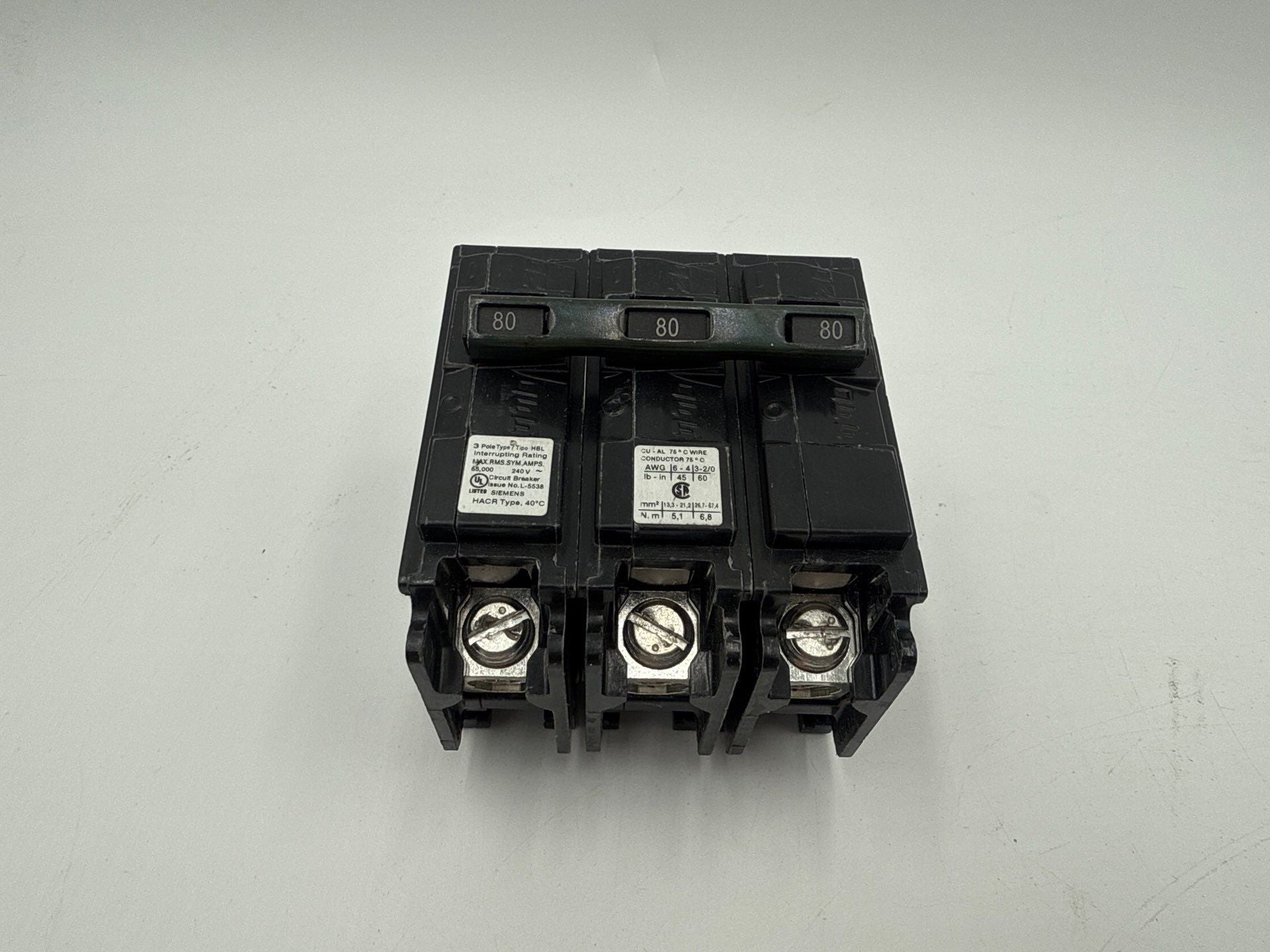 Siemens B380HH Circuit Breaker 80A 3P 240V HBL 80 Amp 3 Pole 3PH Bolt On Used