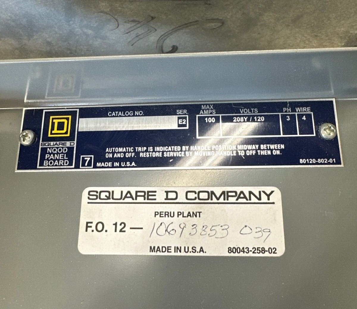 Square D NQOD Panelboard 100A 208Y/120V 3PH 4W MCB Main Q2L32150 42CIR NEMA 1 P344 Used