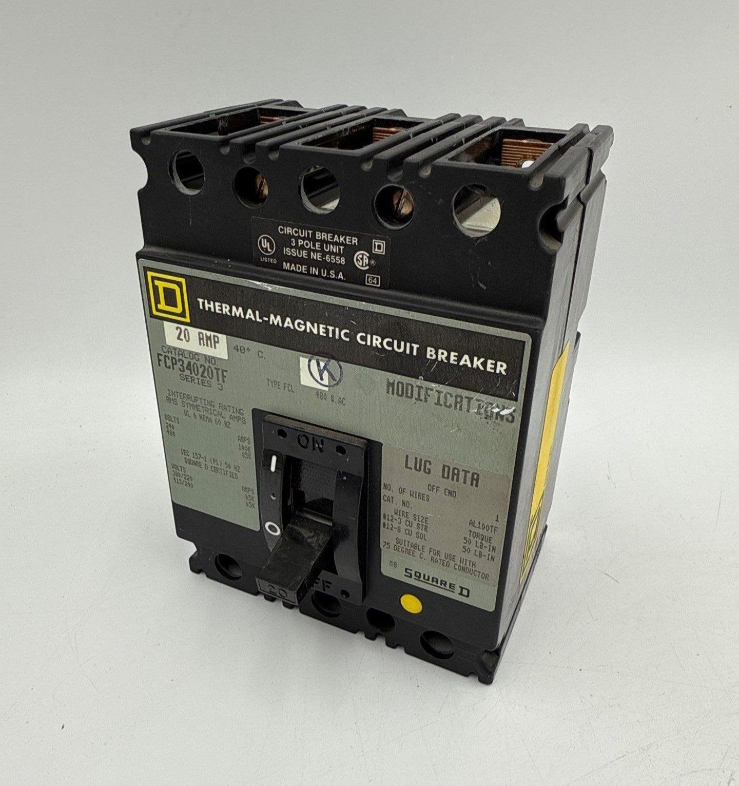 Square D FCP34020TF Circuit Breaker 20A 3P 480V FCL 20 Amp 3 Pole Used