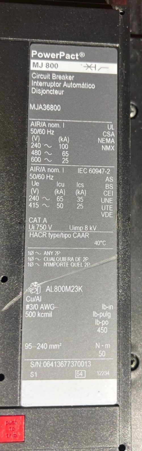 Square D MJA36800 Used