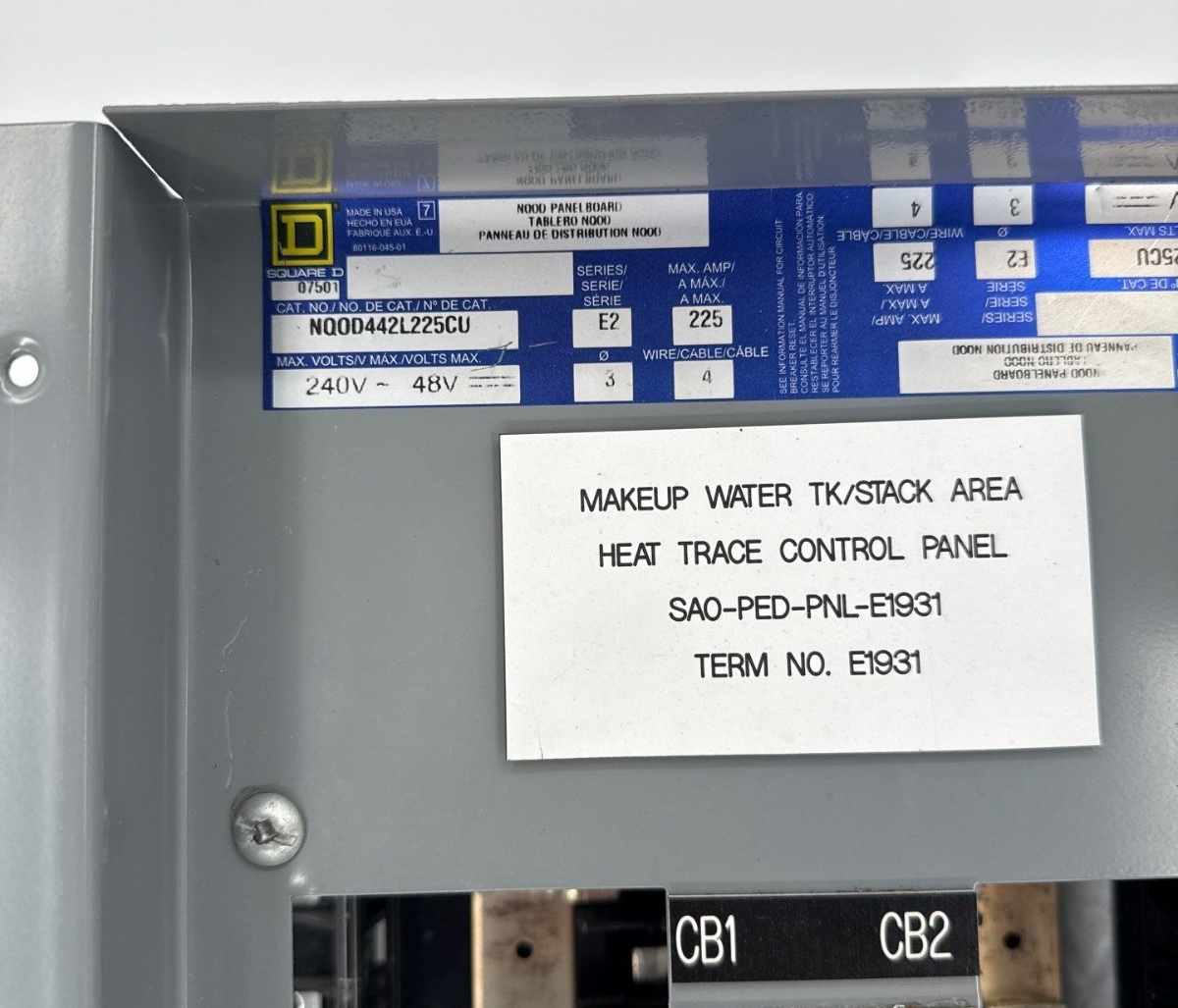 Square D NQOD442L225CU Interior Panelboard 225A 240V 3PH 4W 42 Space 225 Amp MLO Used