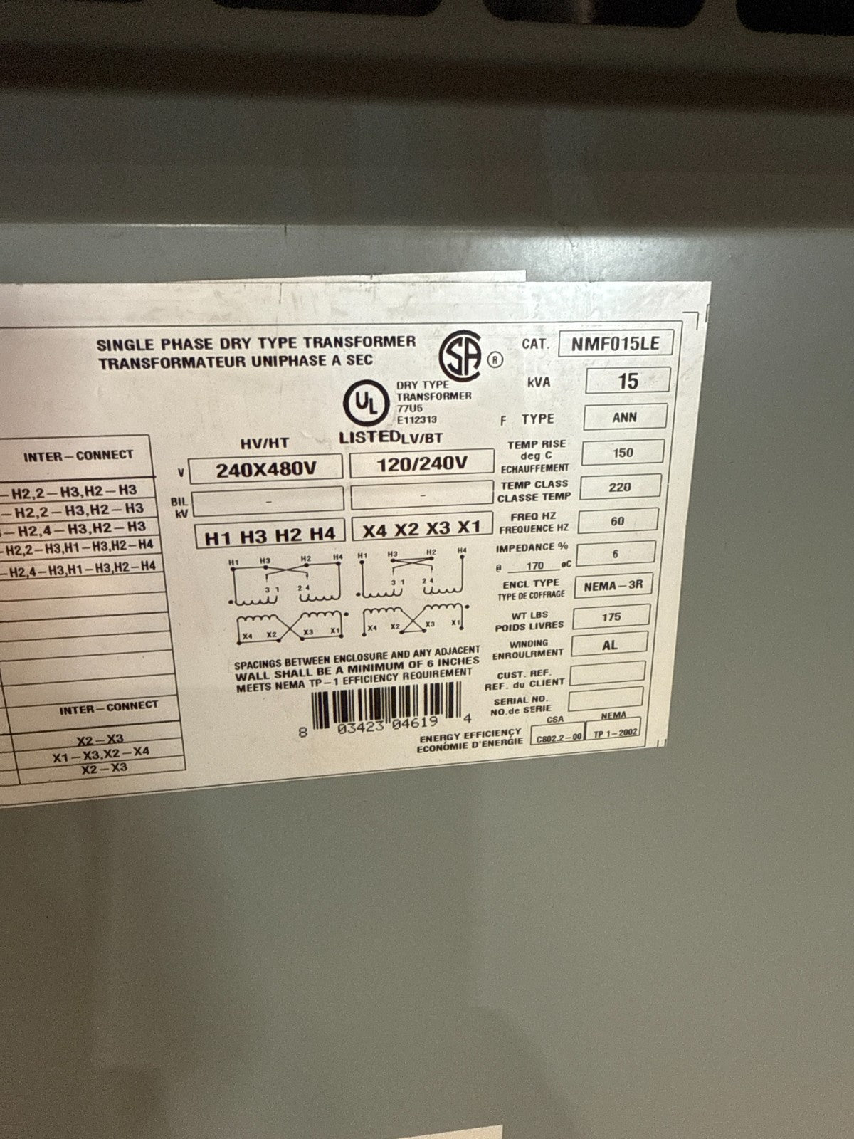 15 KVA Hammond NMF015LE Transformer Pri 240/480V Sec 120/240V 1PH 3R Encl New