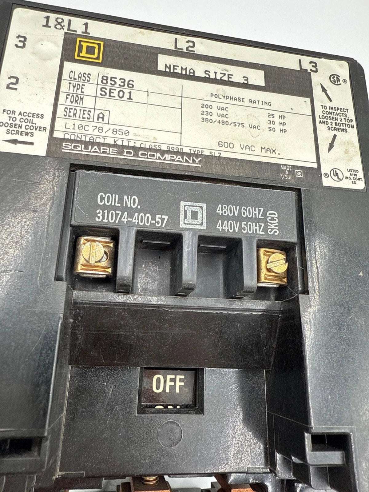 Square D 8536SE01S NEMA Size 3 Starter 90A 3P 600V 3PH 50HP Coil 440/480V Used