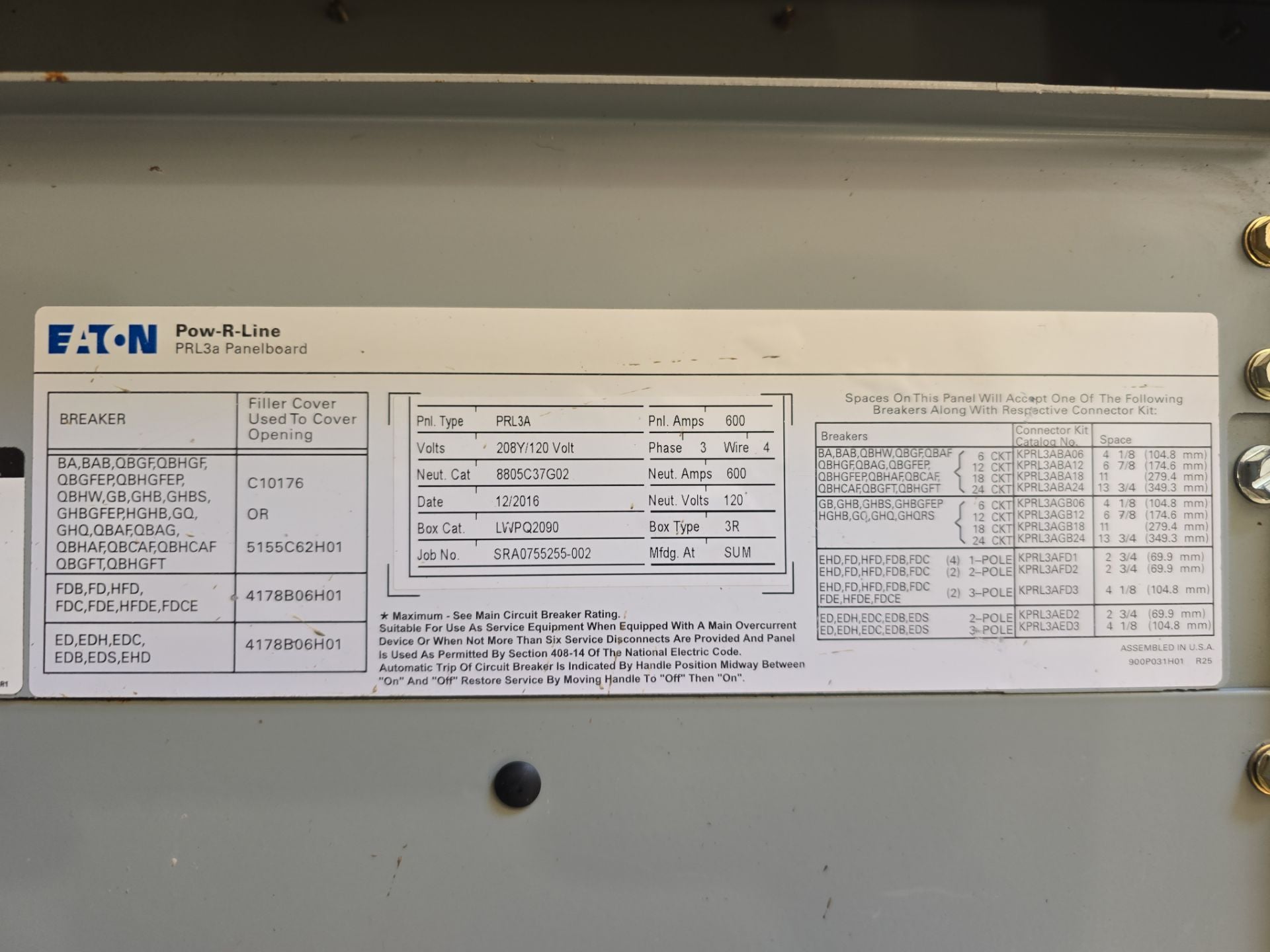 Eaton PRL3A Panelboard 600A 208Y/120V 3PH 4W MLO 3R Encl Outdoor Used