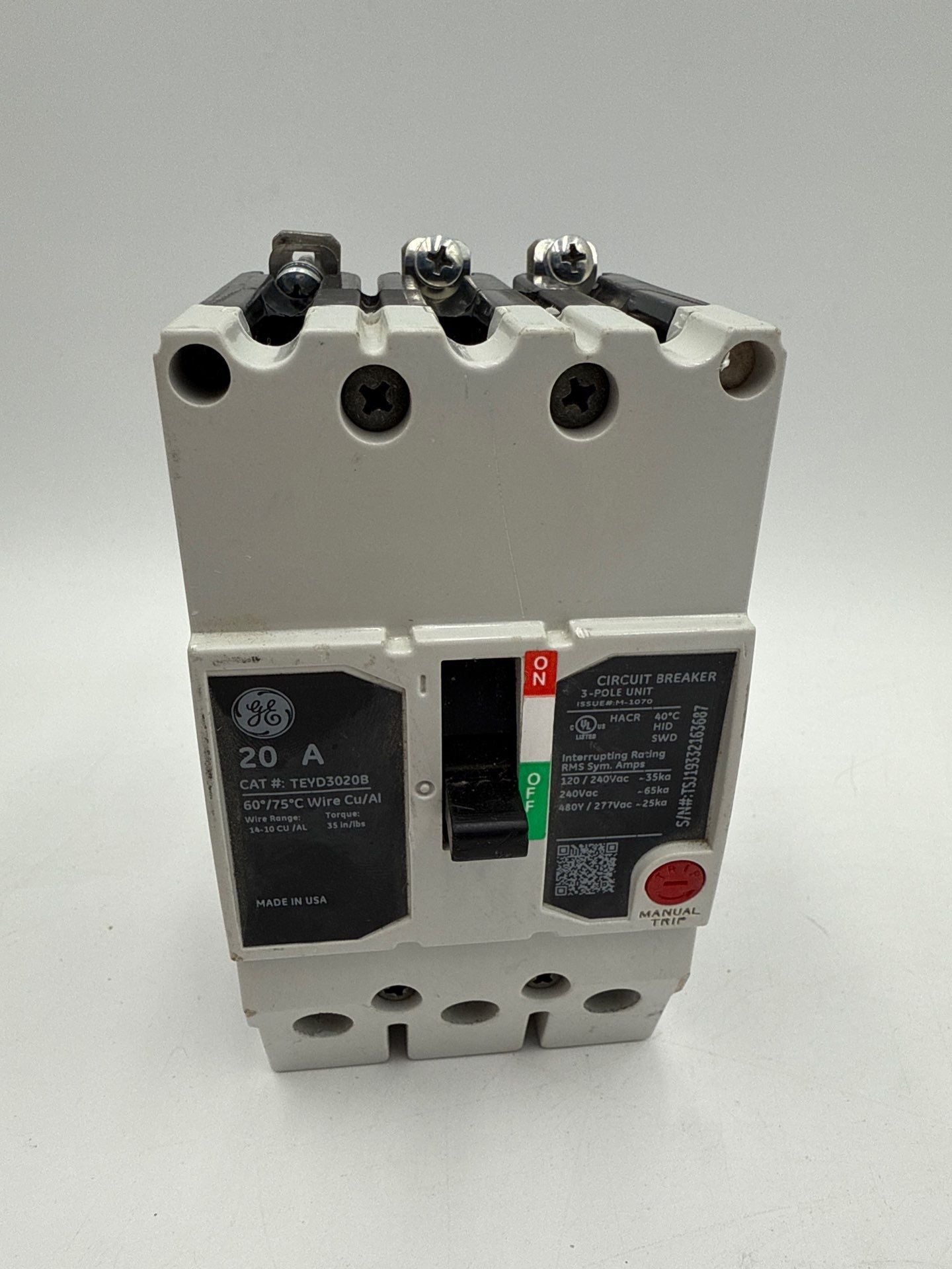 GE TEYD3020B Circuit Breaker 20A 3P 480/277V 3PH TEYD 20 Amp 3 Pole Bolt On Used