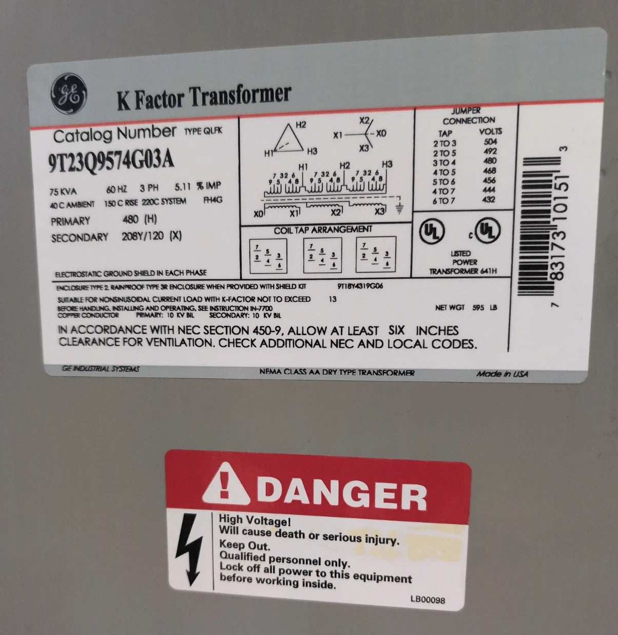 75KVA GE 9T23Q9574G03A Transformer Pri 480V Sec 208/120V 3PH Indoor Type QLFK Used
