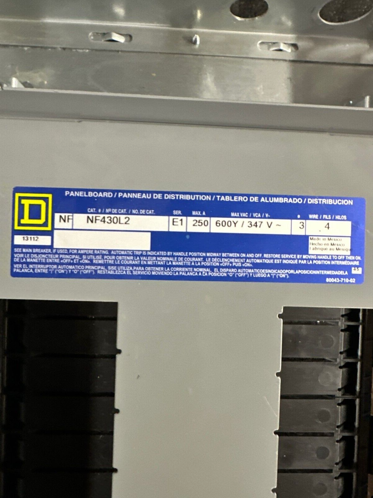 Square D NF NF430L2 Panelboard 225A 600Y/347V 3PH 4W 225 Amp MCB Main JDL36225 P273 Used