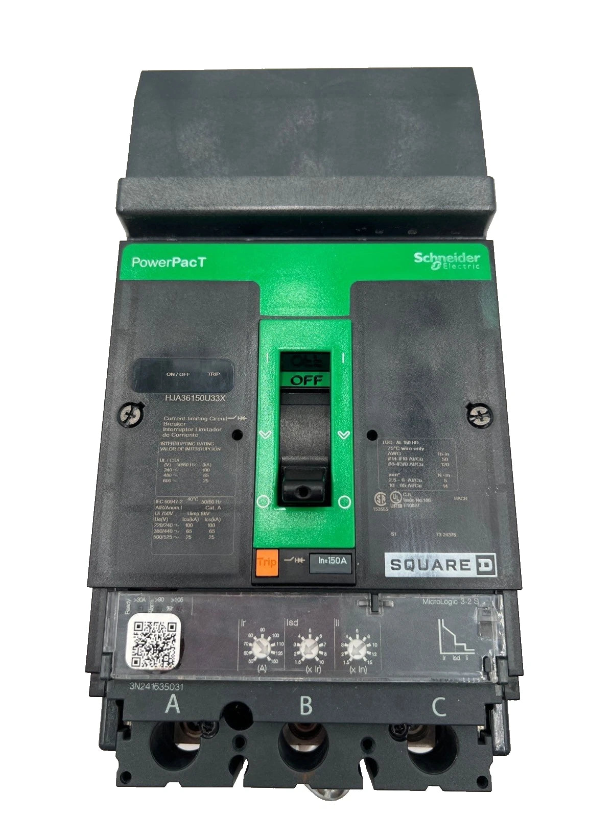 Square D HJA36150U33X I-Line Circuit Breaker 3 Pole 150 Amp 600V HJA 3P 150A Used