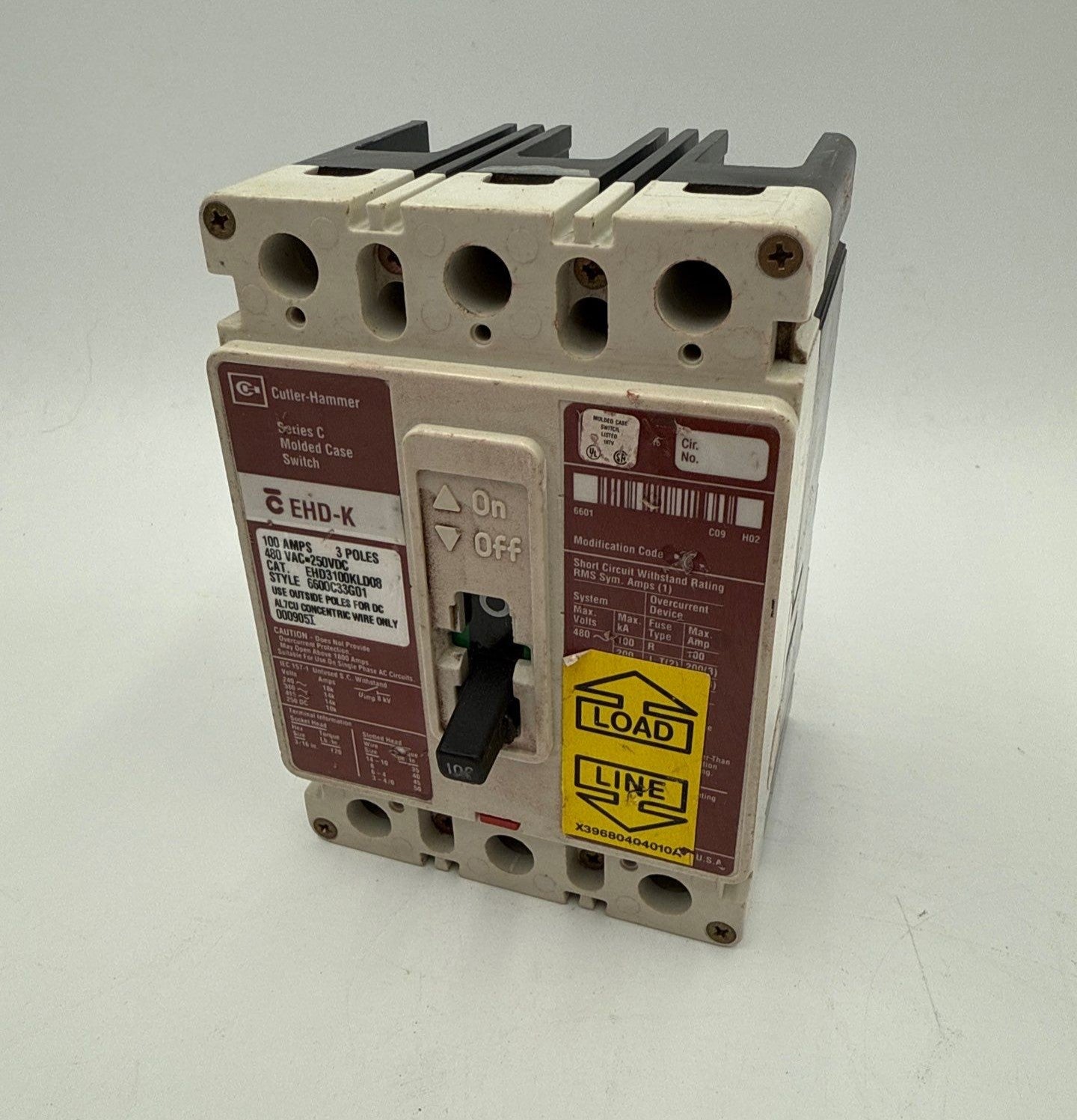 Cutler Hammer EHD3100KLD08 Circuit Breaker 100A 3P 480V EHD-K 100 Amp Used