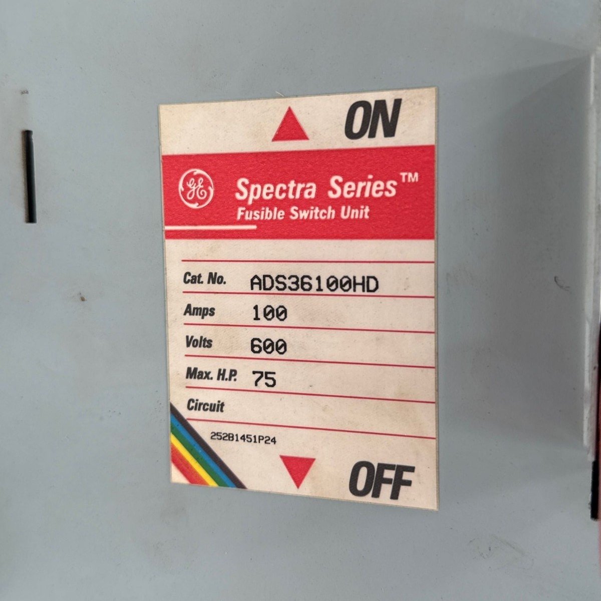 GE ADS36100HD Fusible Panelboard Switch 100A 3P 600V SPECTRA SER 100 Amp 3 Pole Used