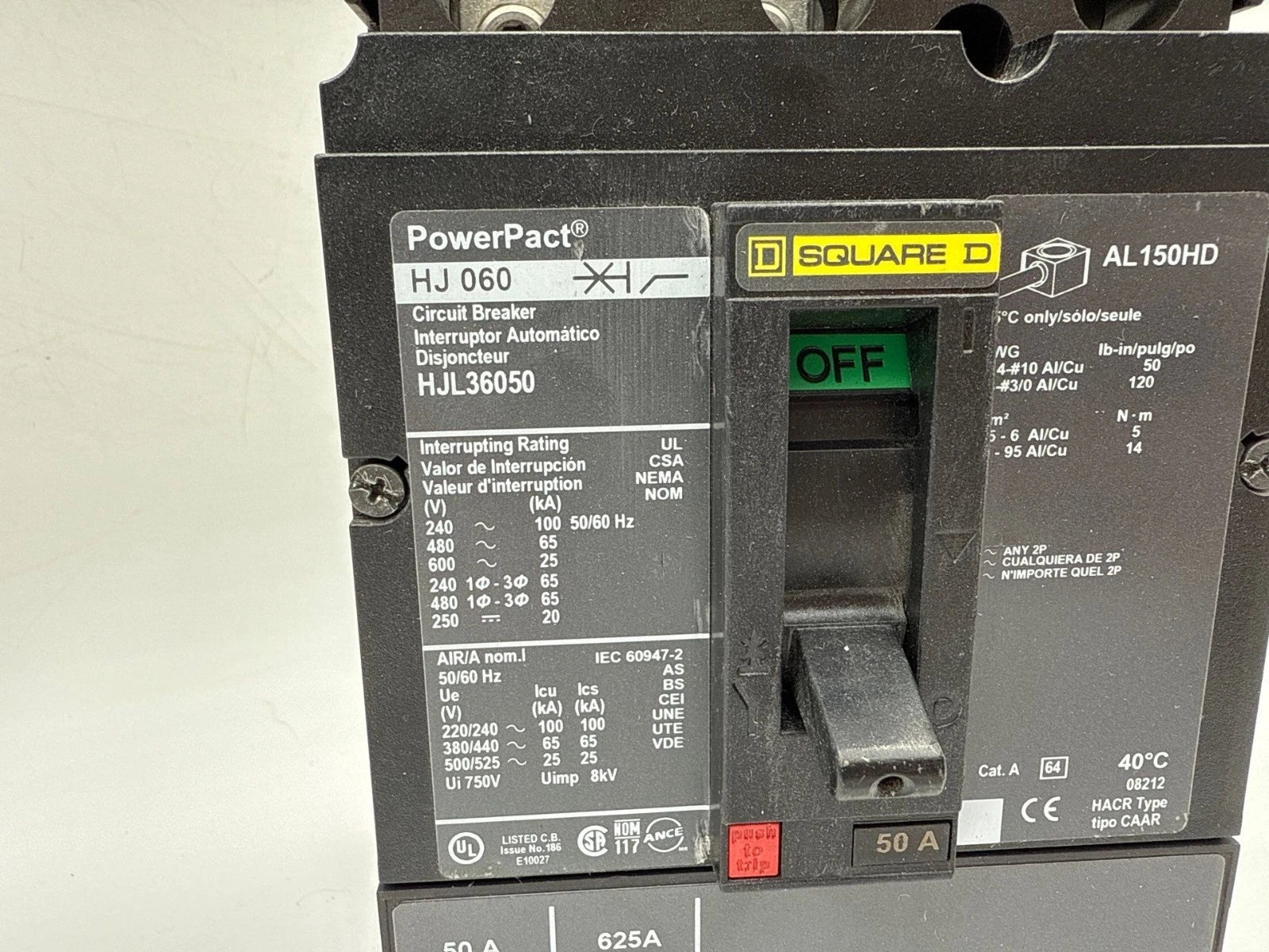 Square D HJL36050 Circuit Breaker 50A 3P 600V 3PH HJL 50 Amp 3 Pole PowerPact HJ