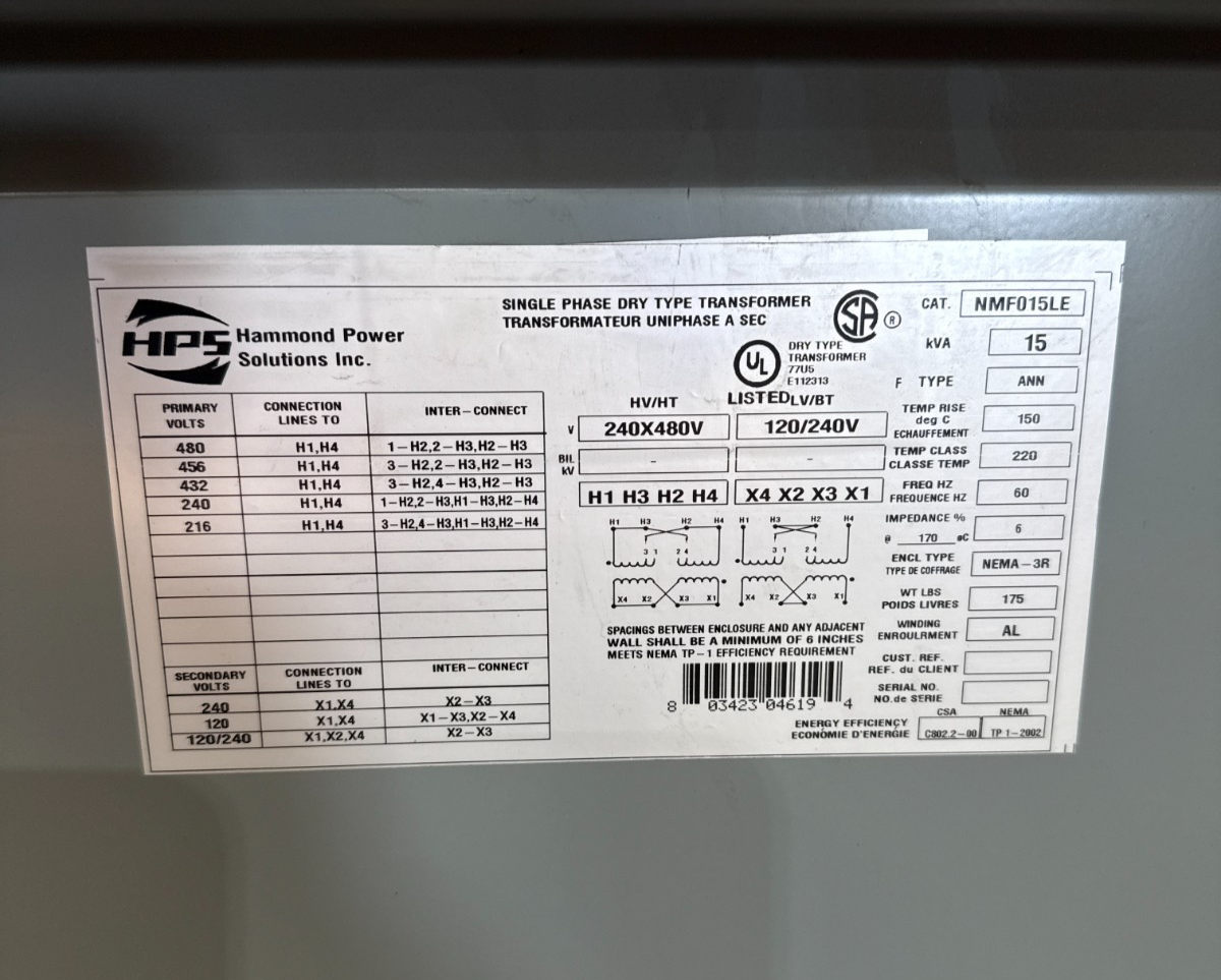 15 KVA Hammond NMF015LE Transformer Pri 240/480V Sec 120/240V 1PH 3R Encl New