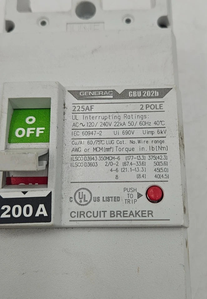 GENERAC GBU202B CIRCUIT BREAKER 200A 2P 120/240V 225AF 200 Amp 2 Pole White Used