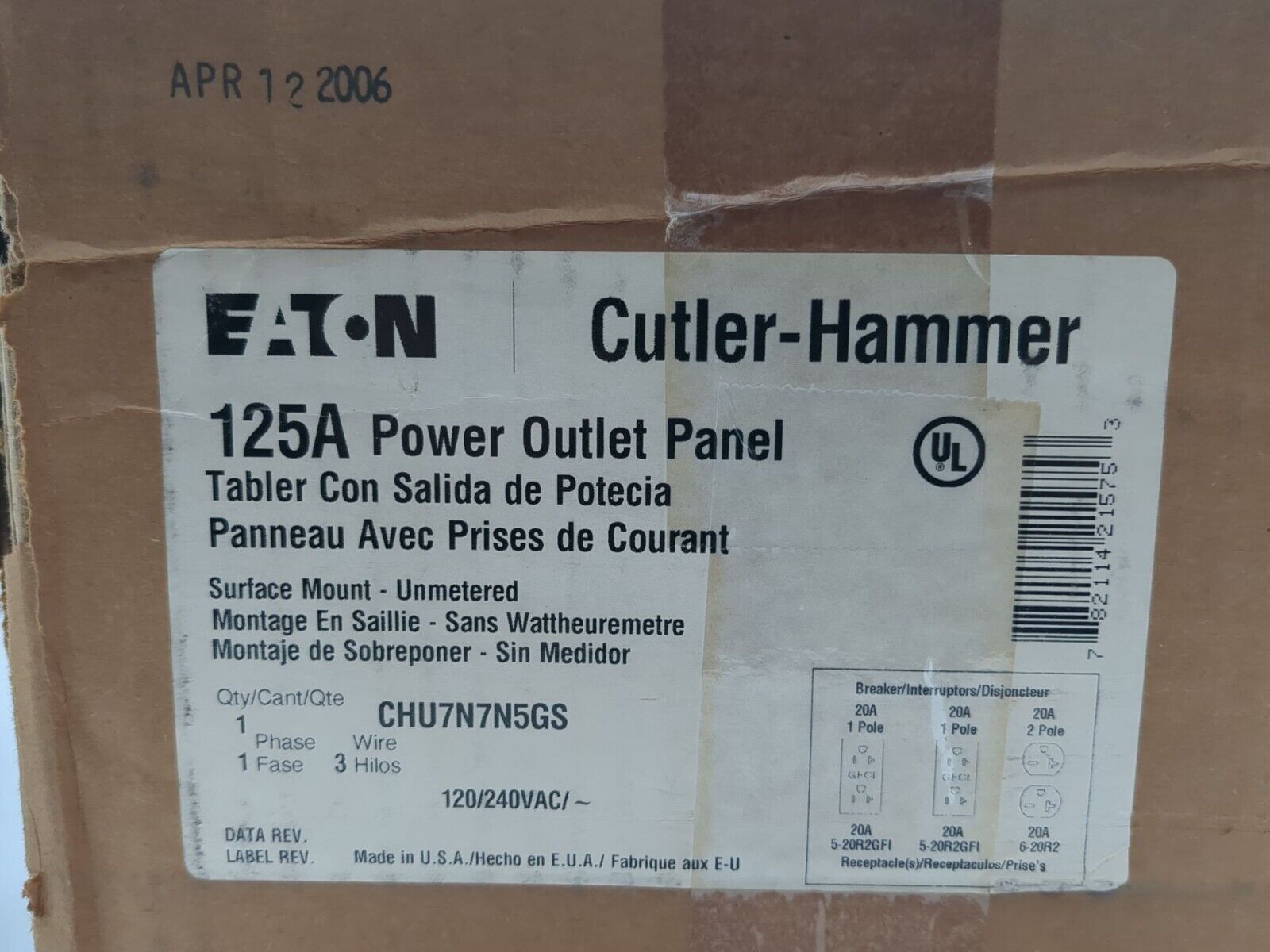 Eaton CHU7N7N5GS 125A Type 3R 120/240VAC Pedestal Mount Power Outlet Panel New