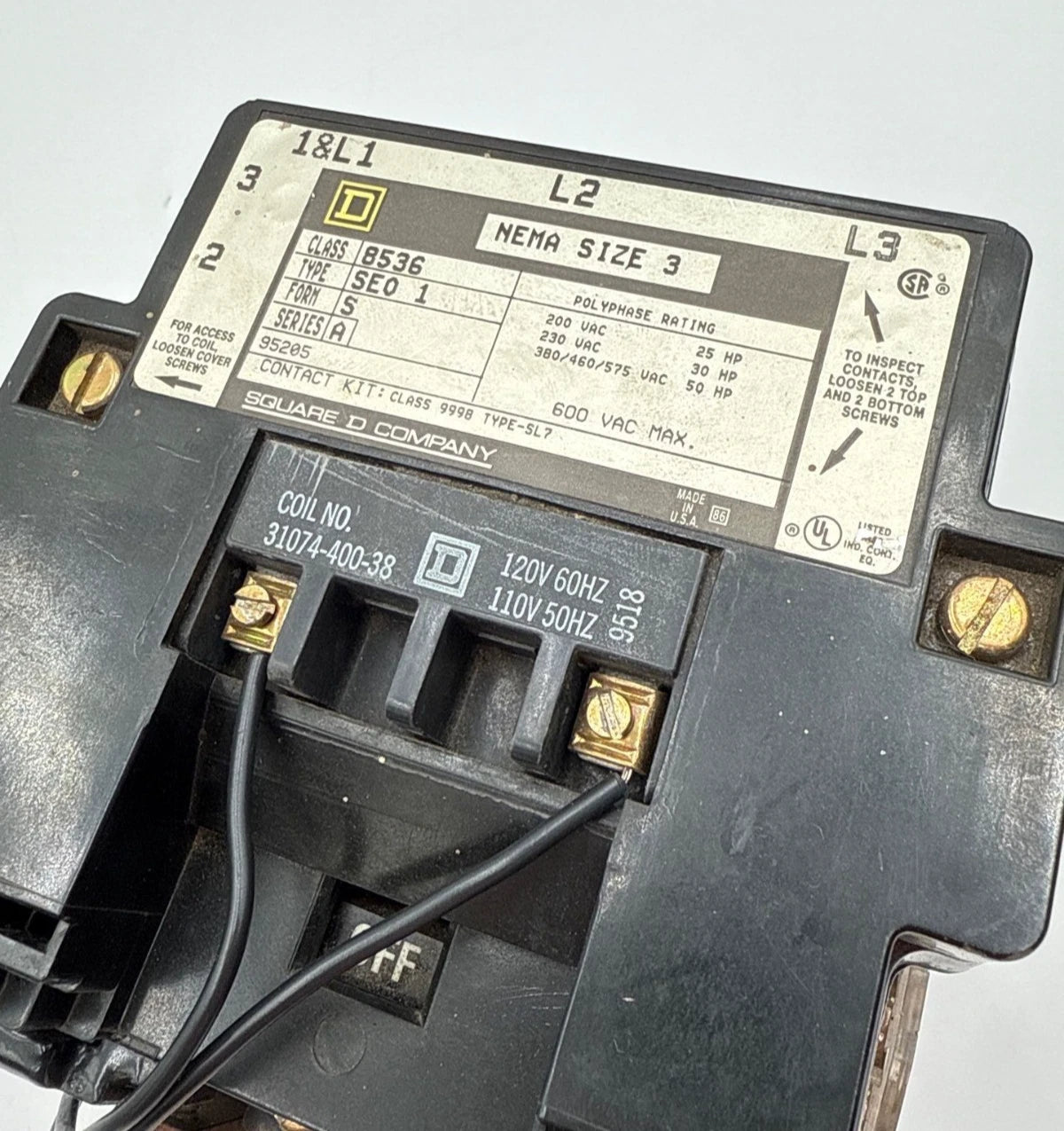 Sq D 8536SE01S Contactor NEMA Size 3 90A 3P 600V Coil 110/120V 31074-400-38 50HP Used