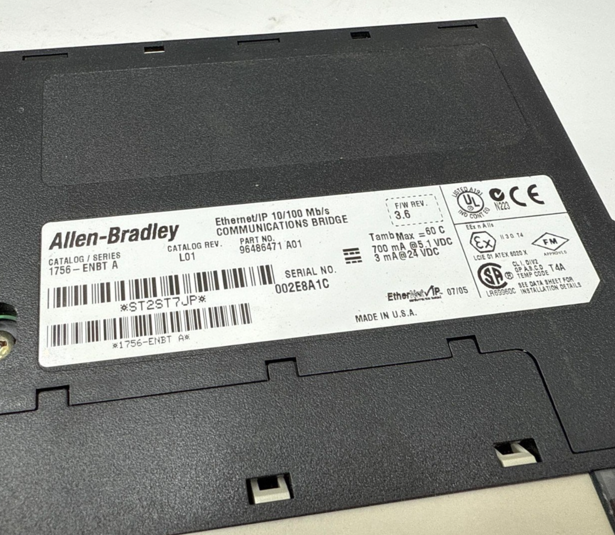 Allen Bradley 1756-ENBT A Ethernet IP 10/100 Mb/s Communications Bridge Rev 3.6 Used