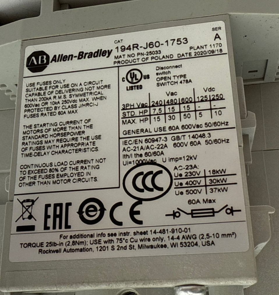 Allen Bradley 194R-J60-1753 Fusible Disconnect Switch 60A 3P 600V Handle 194R-PY Used