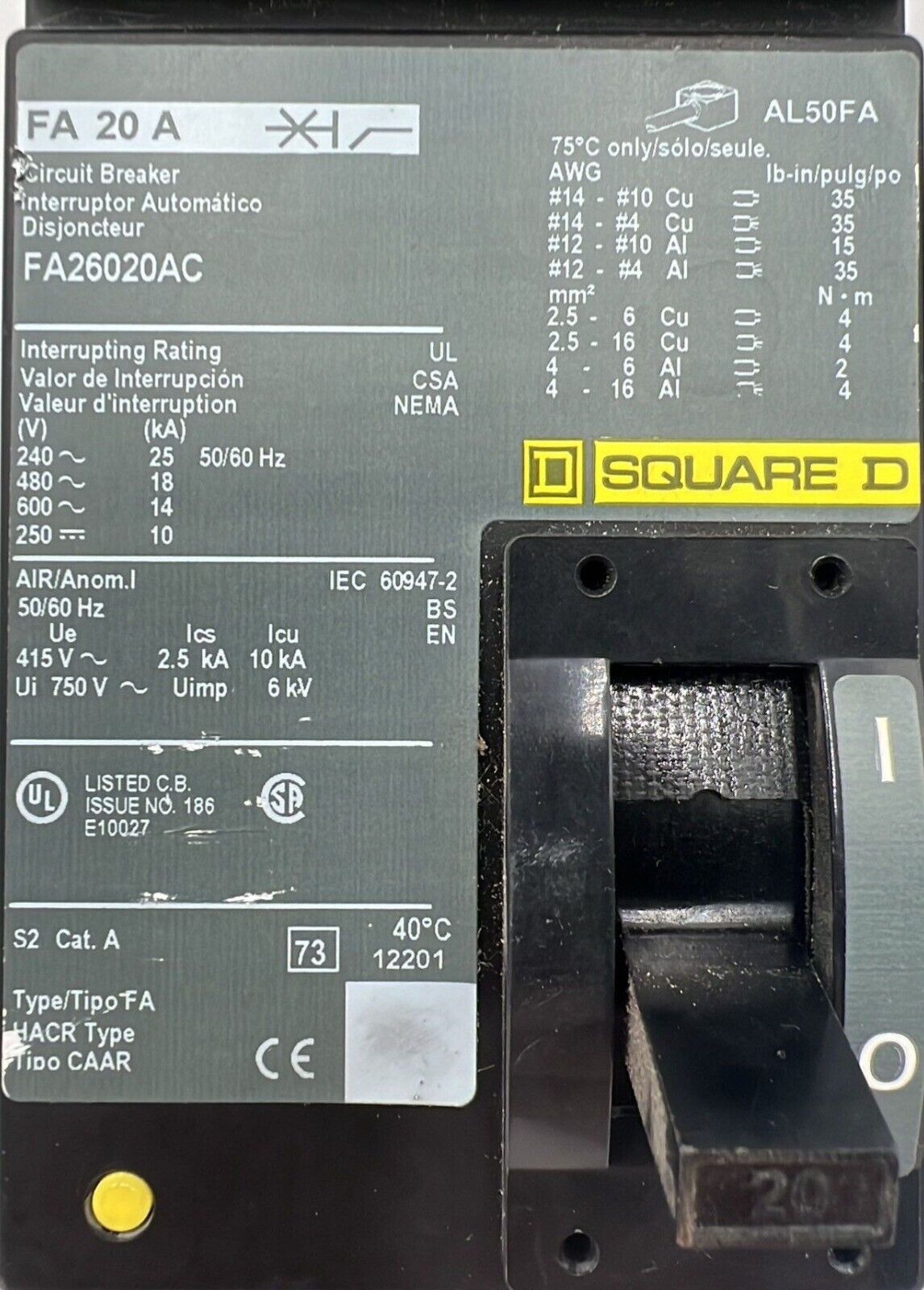Square D FA26020AC Used